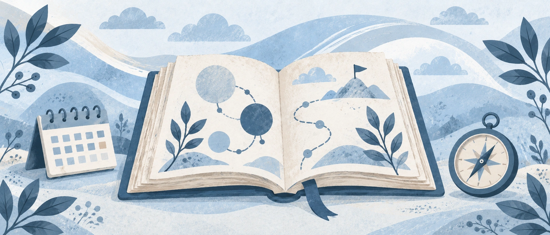 Раскрытая книга, календарь и компас